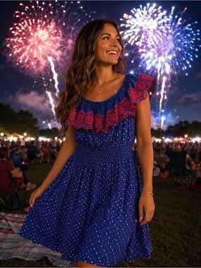 Lilly Pulitzer Kalama Blue Polka Dot One-Shoulder Dress with Red Ruffle Size L